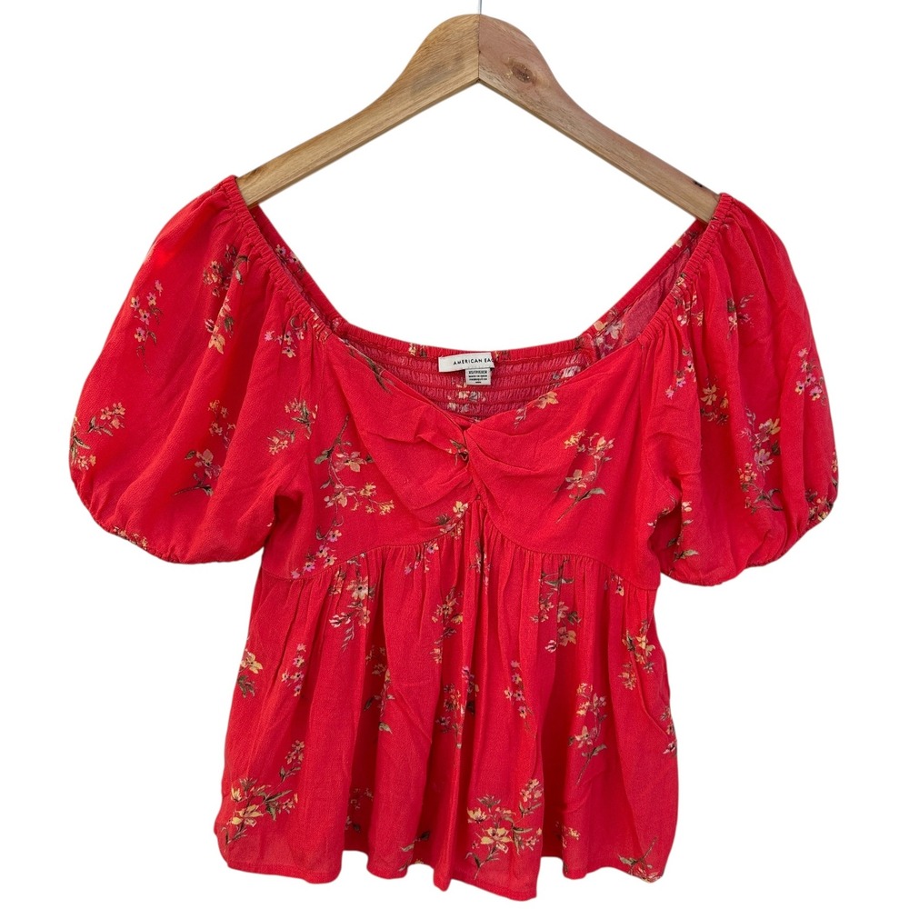 American Eagle Floral Smocked Top Fairy Cottage Boho Casual Orange Cropped XS‎